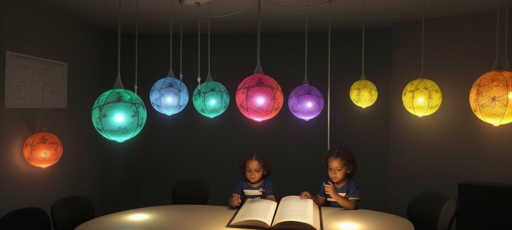 Imagem ilustrando conceitos de física clássica, como mecânica e cinemática, em uma sala de aula dinâmica e interativa.