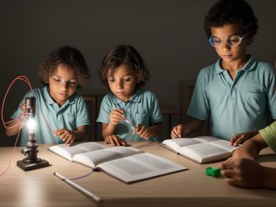 Imagem mostrando alunos em sala de aula realizando experimentos práticos de física clássica, explorando os conceitos de dinâmica e leis de Newton.