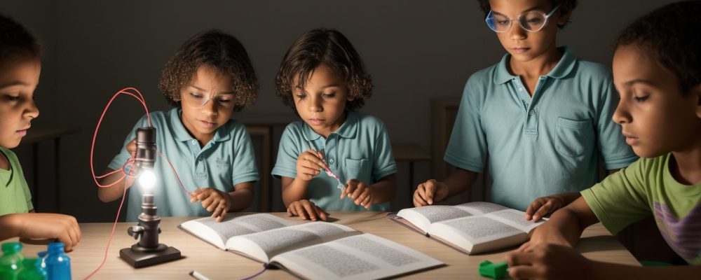 Imagem mostrando alunos em sala de aula realizando experimentos práticos de física clássica, explorando os conceitos de dinâmica e leis de Newton.