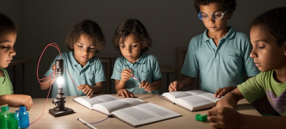 Imagem mostrando alunos em sala de aula realizando experimentos práticos de física clássica, explorando os conceitos de dinâmica e leis de Newton.