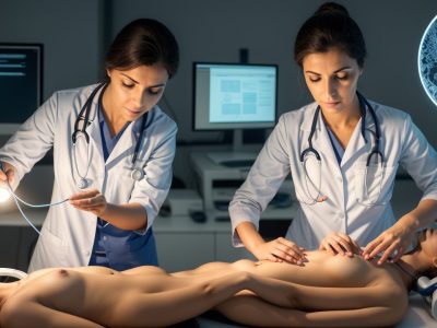 Profissional de saúde analisando gráficos e modelos anatômicos, representando a fisiopatologia das doenças