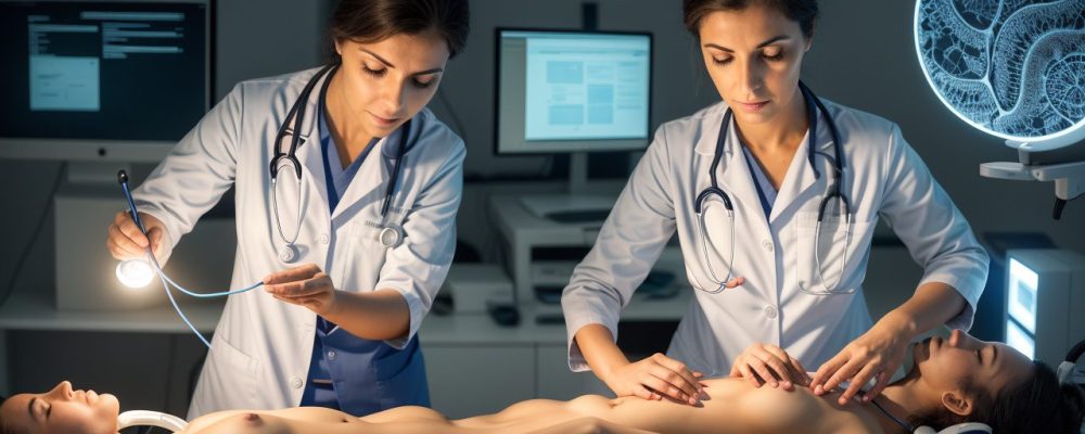 Profissional de saúde analisando gráficos e modelos anatômicos, representando a fisiopatologia das doenças