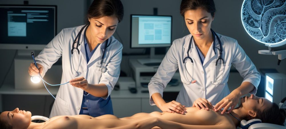 Profissional de saúde analisando gráficos e modelos anatômicos, representando a fisiopatologia das doenças