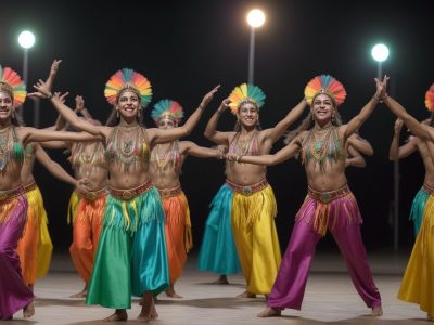 Ilustração vibrante de dançarinos em trajes típicos, celebrando as danças folclóricas brasileiras, com elementos de festas populares e símbolos do folclore.