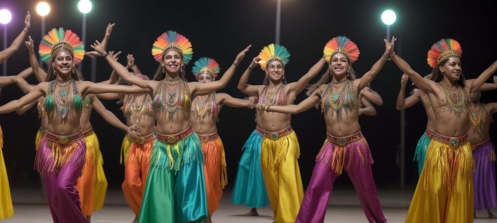 Ilustração vibrante de dançarinos em trajes típicos, celebrando as danças folclóricas brasileiras, com elementos de festas populares e símbolos do folclore.