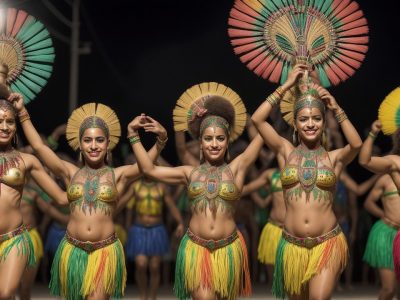 Ilustração vibrante do folclore brasileiro, com danças folclóricas, personagens de lendas e elementos da cultura popular, celebrando as manifestações culturais do Brasil.