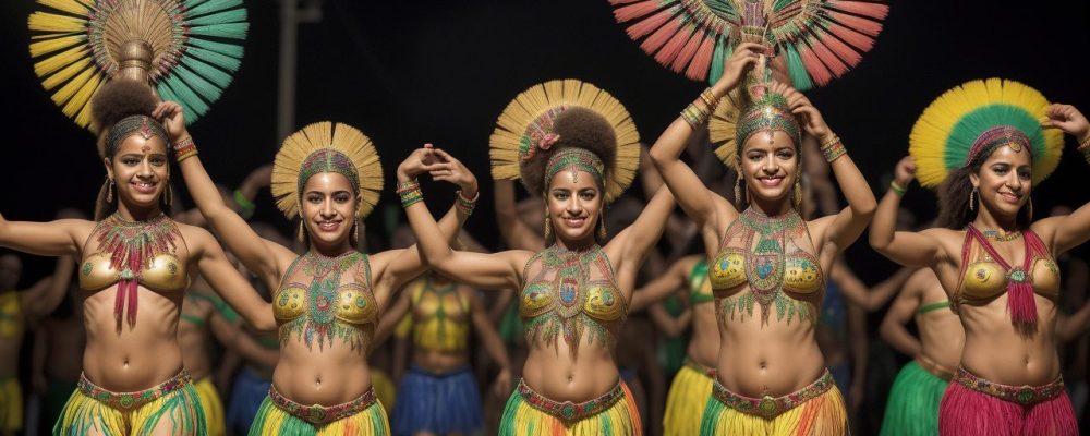Ilustração vibrante do folclore brasileiro, com danças folclóricas, personagens de lendas e elementos da cultura popular, celebrando as manifestações culturais do Brasil.