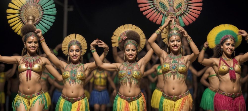 Ilustração vibrante do folclore brasileiro, com danças folclóricas, personagens de lendas e elementos da cultura popular, celebrando as manifestações culturais do Brasil.