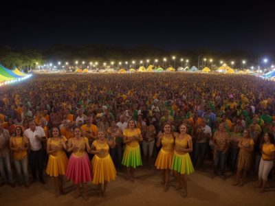 Ilustração vibrante de danças folclóricas brasileiras em festa, celebrando a cultura popular e as tradições do Brasil.