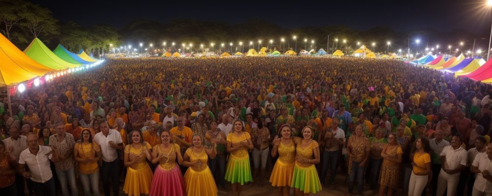 Ilustração vibrante de danças folclóricas brasileiras em festa, celebrando a cultura popular e as tradições do Brasil.