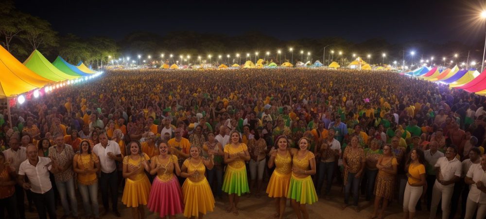 Ilustração vibrante de danças folclóricas brasileiras em festa, celebrando a cultura popular e as tradições do Brasil.