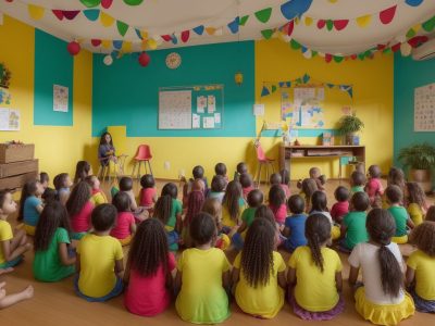 Crianças aprendendo sobre folclore brasileiro em sala de aula, com elementos de cultura popular e lendas.