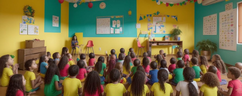 Crianças aprendendo sobre folclore brasileiro em sala de aula, com elementos de cultura popular e lendas.