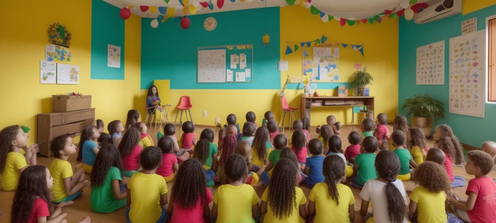 Crianças aprendendo sobre folclore brasileiro em sala de aula, com elementos de cultura popular e lendas.