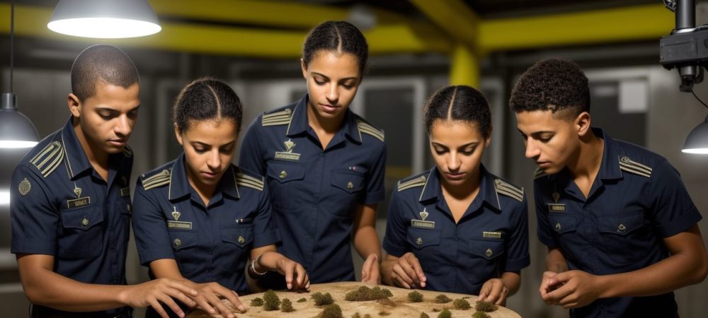 Alunos em um ambiente de formação militar, com foco em desenvolvimento de habilidades e preparação para a carreira.
