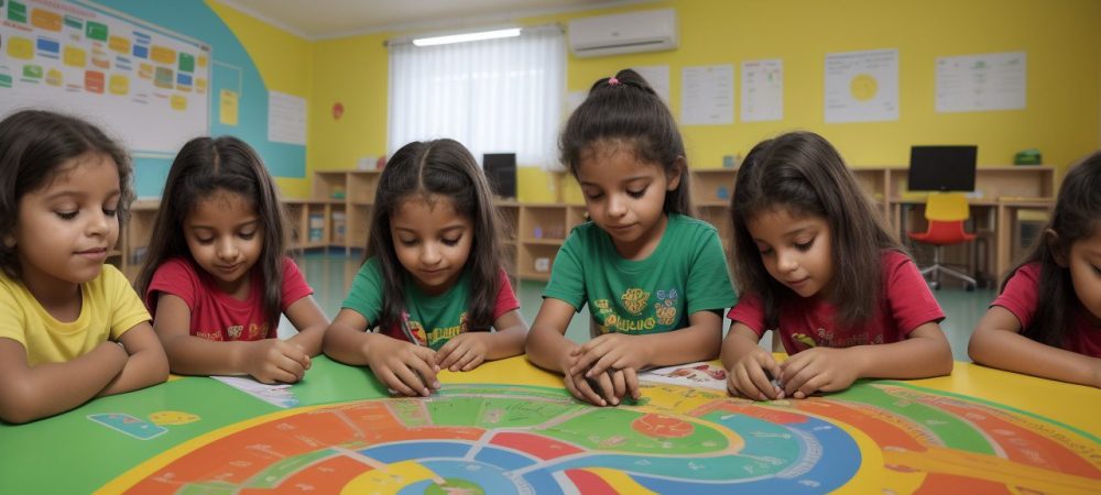 Crianças em sala de aula aprendendo com metodologias inovadoras de educação infantil e planejamento eficaz