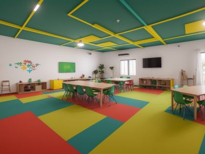 Professor aplicando gamificação em sala de aula com alunos interagindo e engajados em atividades dinâmicas.