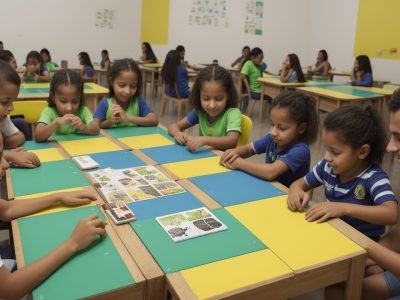 Sala de aula vibrante com elementos de gamificação, mostrando alunos engajados e motivados, aprendendo com diversão.