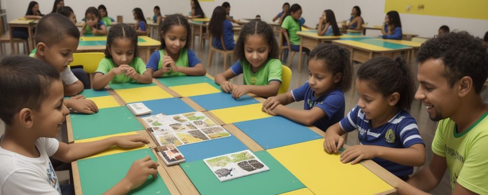 Sala de aula vibrante com elementos de gamificação, mostrando alunos engajados e motivados, aprendendo com diversão.