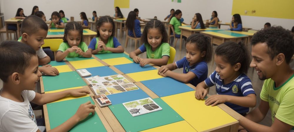 Sala de aula vibrante com elementos de gamificação, mostrando alunos engajados e motivados, aprendendo com diversão.