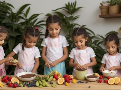 Crianças sorrindo e aprendendo a cozinhar pratos nutritivos e coloridos, em um ambiente divertido e educativo de gastronomia infantil