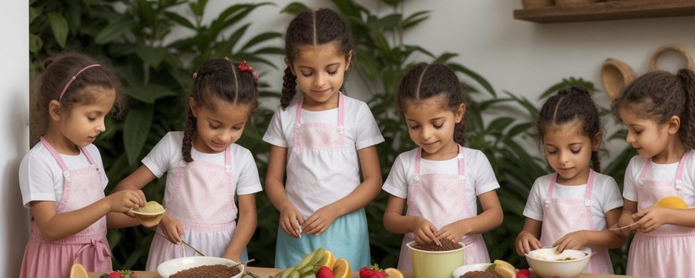 Crianças sorrindo e aprendendo a cozinhar pratos nutritivos e coloridos, em um ambiente divertido e educativo de gastronomia infantil