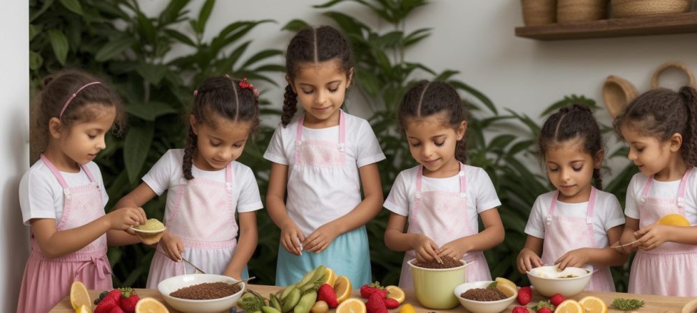 Crianças sorrindo e aprendendo a cozinhar pratos nutritivos e coloridos, em um ambiente divertido e educativo de gastronomia infantil