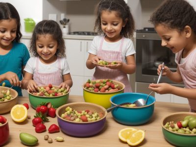 Crianças participando de atividades de gastronomia infantil, preparando receitas e aprendendo sobre alimentação saudável.
