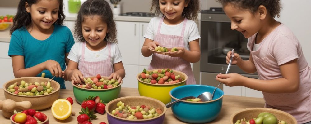 Crianças participando de atividades de gastronomia infantil, preparando receitas e aprendendo sobre alimentação saudável.