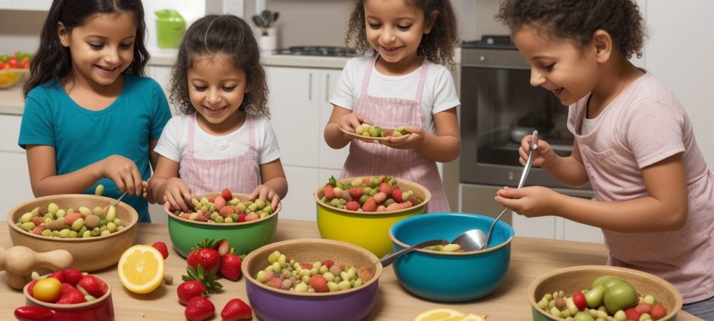 Crianças participando de atividades de gastronomia infantil, preparando receitas e aprendendo sobre alimentação saudável.