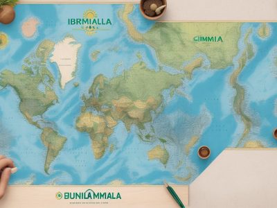 Ilustração mostrando um mapa do Brasil com elementos que representam a geografia, o meio ambiente e a geografia humana, inspirando a inscrição em um curso online de geografia.