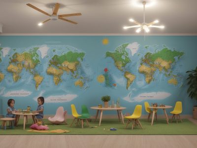 Crianças em sala de aula envolvidas em projetos de geografia e meio ambiente, aprendendo sobre sustentabilidade ambiental e impactos ambientais