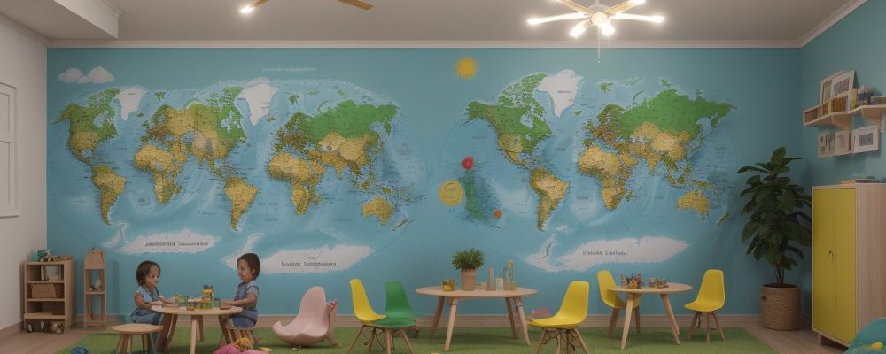 Crianças em sala de aula envolvidas em projetos de geografia e meio ambiente, aprendendo sobre sustentabilidade ambiental e impactos ambientais