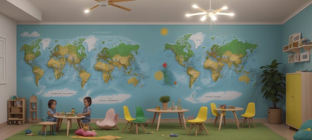 Crianças em sala de aula envolvidas em projetos de geografia e meio ambiente, aprendendo sobre sustentabilidade ambiental e impactos ambientais