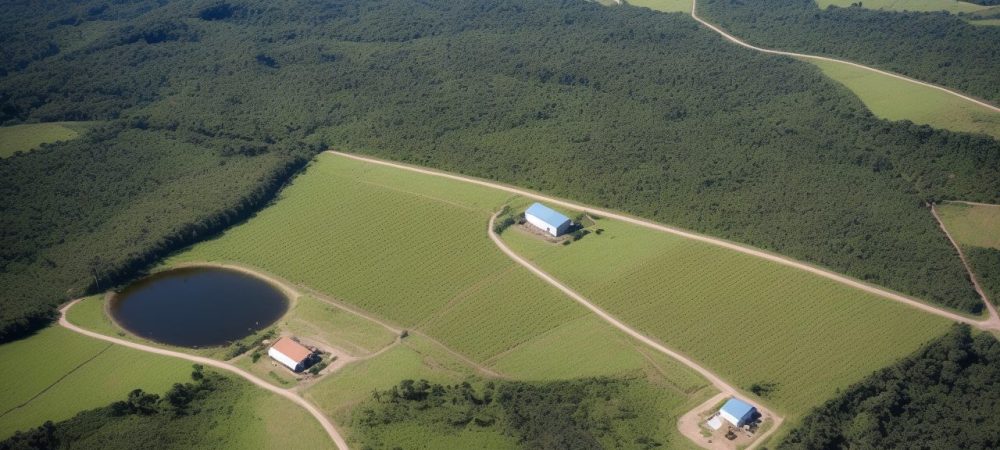Imagem ilustrando o georreferenciamento de imóveis rurais com mapa da propriedade e ferramentas de medição, destacando a regularização fundiária.