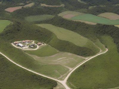 Imagem de um mapa detalhado de uma propriedade rural, destacando o processo de georreferenciamento para regularização fundiária e certificação de imóveis rurais.