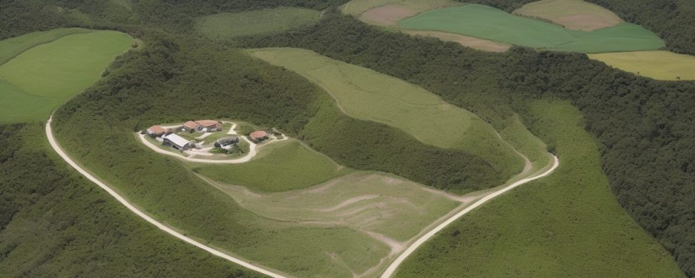 Imagem de um mapa detalhado de uma propriedade rural, destacando o processo de georreferenciamento para regularização fundiária e certificação de imóveis rurais.