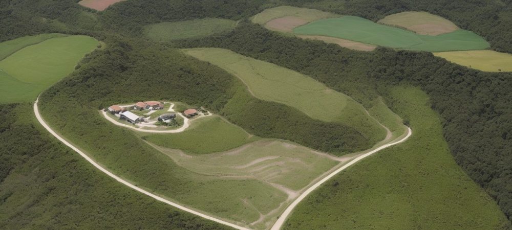 Imagem de um mapa detalhado de uma propriedade rural, destacando o processo de georreferenciamento para regularização fundiária e certificação de imóveis rurais.