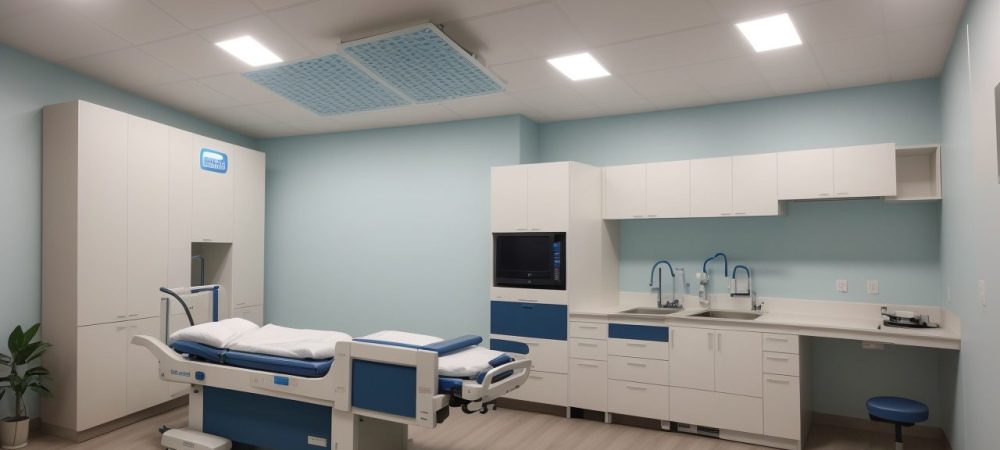 Imagem ilustrando o gerenciamento de equipamentos hospitalares em um ambiente hospitalar moderno, com foco em segurança e eficiência.