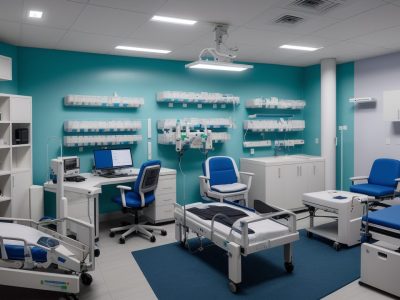 Representação de um hospital com equipamentos médicos modernos e equipes trabalhando para garantir a segurança e eficiência no gerenciamento de equipamentos hospitalares.