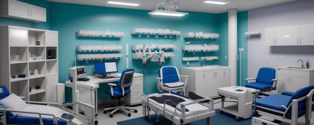 Representação de um hospital com equipamentos médicos modernos e equipes trabalhando para garantir a segurança e eficiência no gerenciamento de equipamentos hospitalares.