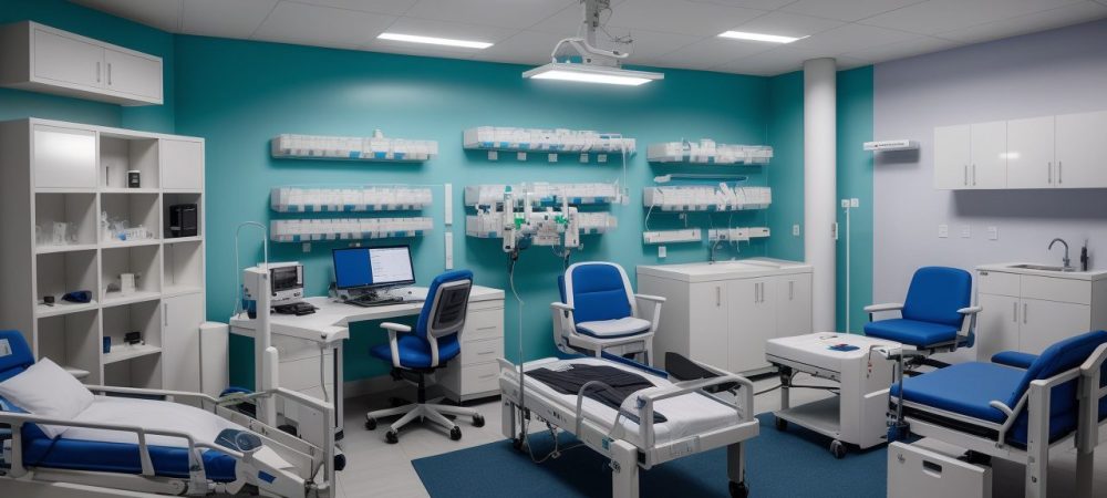 Representação de um hospital com equipamentos médicos modernos e equipes trabalhando para garantir a segurança e eficiência no gerenciamento de equipamentos hospitalares.