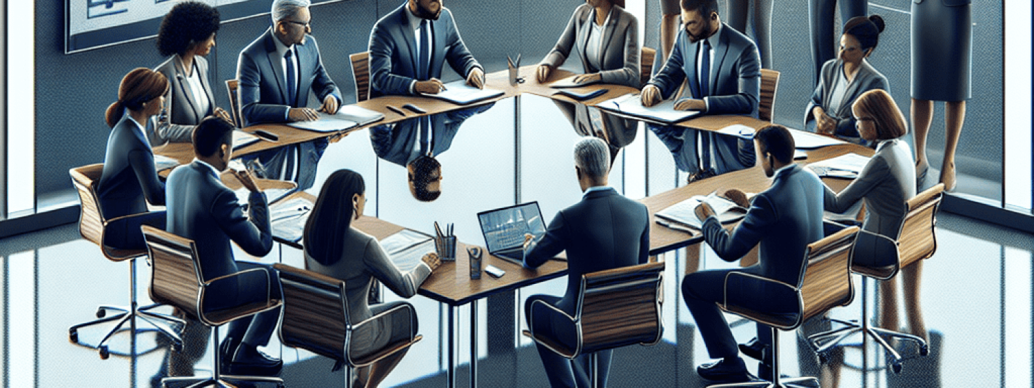 Gestores escolares em reunião, analisando a BNCC e planejando estratégias para a gestão escolar eficiente, com foco na colaboração e inovação pedagógica.