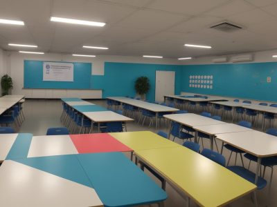 Gestão escolar democrática: alunos e professores colaborando em um ambiente escolar inovador e acolhedor.