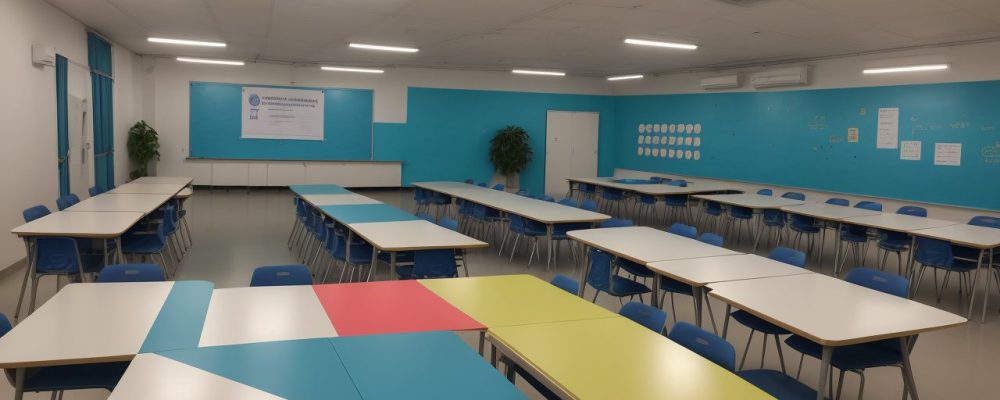Gestão escolar democrática: alunos e professores colaborando em um ambiente escolar inovador e acolhedor.