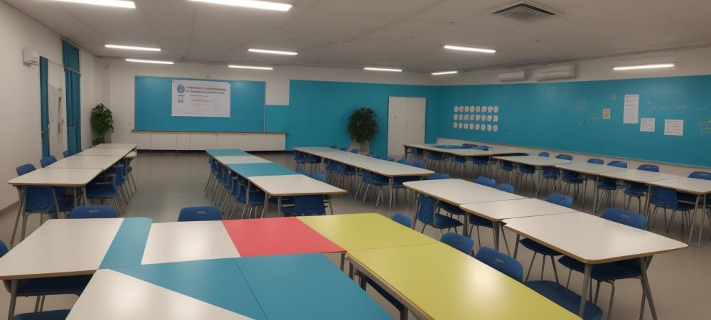 Gestão escolar democrática: alunos e professores colaborando em um ambiente escolar inovador e acolhedor.