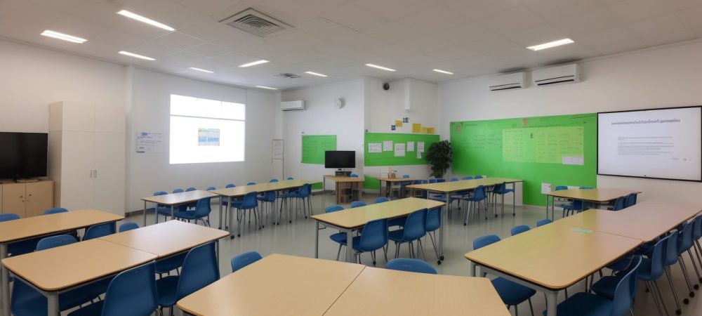 Diretor escolar em ambiente de gestão moderna, com foco em planejamento, comunicação e certificação para otimizar o aprendizado dos alunos