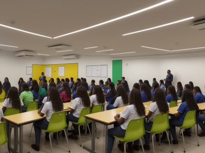 Visão geral de uma escola moderna com gestores, professores e alunos, usando tecnologias e estratégias de gestão escolar eficaz.