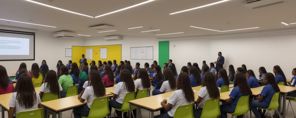 Visão geral de uma escola moderna com gestores, professores e alunos, usando tecnologias e estratégias de gestão escolar eficaz.