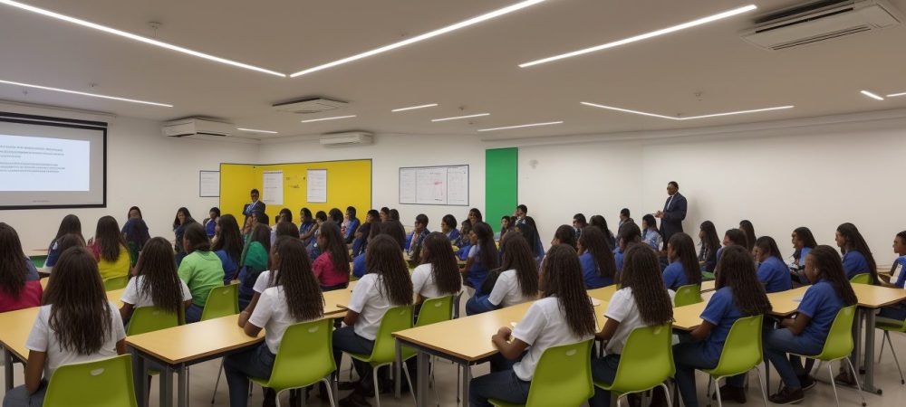 Visão geral de uma escola moderna com gestores, professores e alunos, usando tecnologias e estratégias de gestão escolar eficaz.